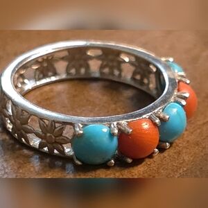 DESIGNER NATIVE AMERICAN TURQUOISE AND CORAL RING SIZE 8 SIGNED TJ 2.67 GRAMS